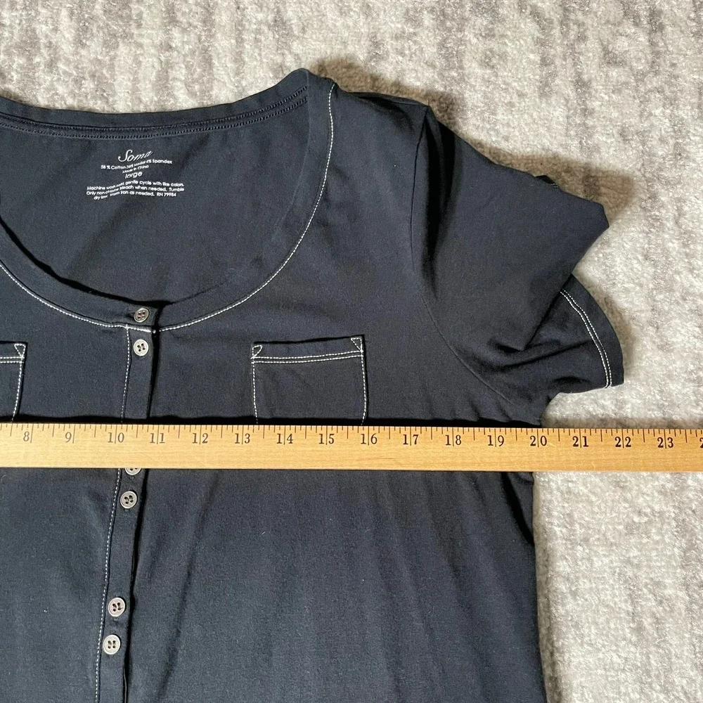 Soma Pajama Top Women Large Dark Grey Excellent Button Front Contrast Stitch